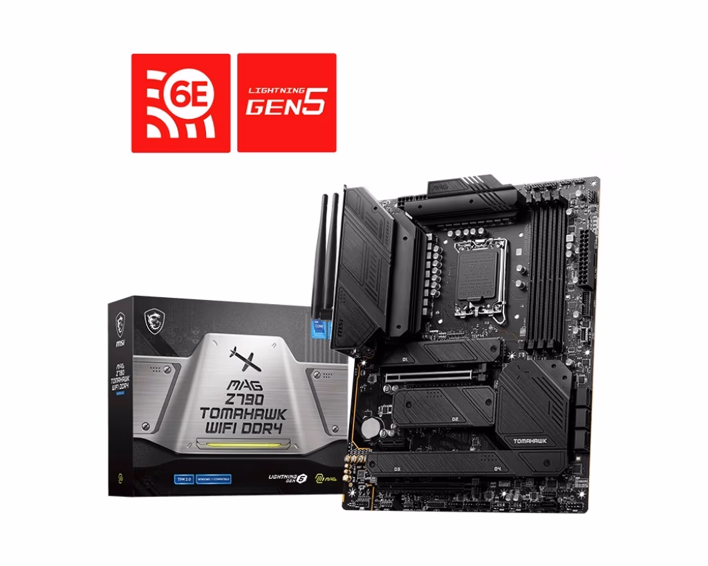 MSI MAG Z790 TOMAHAWK WIFI DDR4, Socket 1700, Intel® Z790 (14/13/12th Gen CPU), 18Phases, CPU graphics, HDMI, DP, Dual 4xDDR4-5333, 2xPCIe X16 5.0, 7xSATA3, RAID, 4xM.2 4.0, 1xPCIe X1, ALC4080/SPDIF, 2.5GbE LAN, WiFi6E/BT 5.3, 1xUSB-C3.2Gen2x2, 6xUSB3.2Ge 