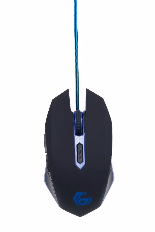 Gembird MUSG-001-B, Gaming Optical Mouse, 2400dpi adjustable, 6 buttons,  Illuminated (Blue light) scroll wheel, logo and side accents; Non-slip rubberized ergonomic design, Practical tangle free nylon mesh cable, USB, Black