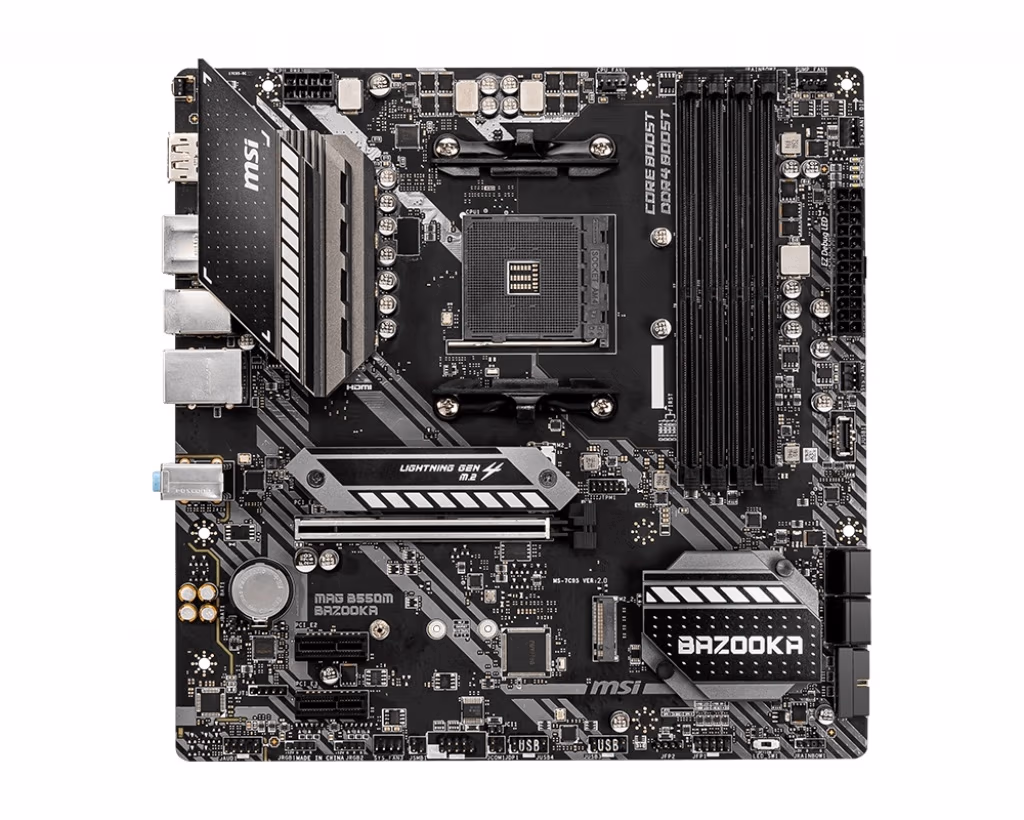 MSI MAG B550M BAZOOKA, Socket AM4, AMD B550, Dual 4xDDR4-4400+, APU AMD graphics, HDMI, DP, 1xPCIe4.0 X16, 4xSATA3, RAID, 2xM.2 Gen4.0 x4, 2xPCIe X1, ALC892 HDA, 1xGbE LAN , 7xUSB3.2 Gen1(1xTypeC+6xTypeA), RGB Mystic Light, mATX 