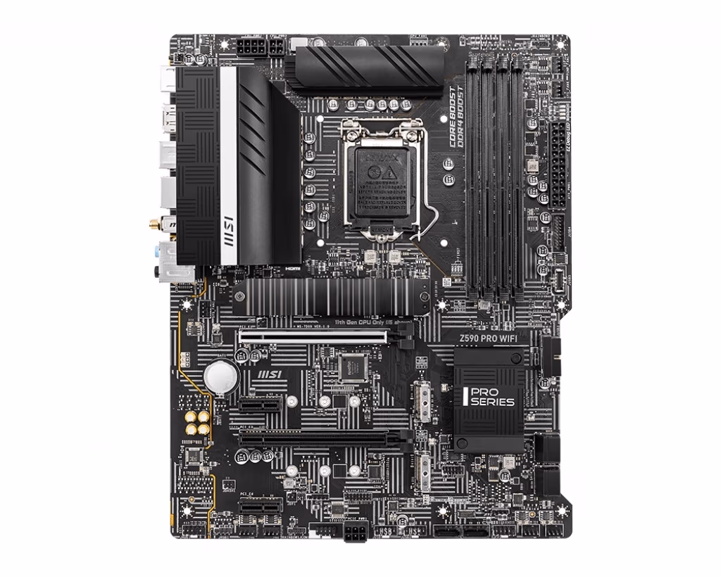 MSI Z590 PRO WIFI, Socket 1200, Intel® Z590 (10th/11th Gen CPU),Dual 4xDDR4-5333,CPU graphics, DP, HDMI, 2xPCIeX16 4.0, 6xSATA3, RAID, 3xM.2PCIe4.0, 2xPCIeX1, ALC897 HDA, 2.5GbE LAN, WiFi6E/BT5, 1xUSB3.2Gen2x2, 2xUSB3.2 Gen2 (Type-C&A), 6xUSB3.2, ATX 