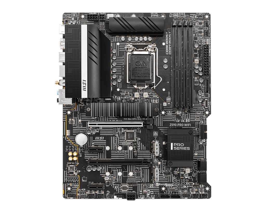 MSI Z590 PRO WIFI, Socket 1200, Intel® Z590 (10th/11th Gen CPU),Dual 4xDDR4-5333,CPU graphics, DP, HDMI, 2xPCIeX16 4.0, 6xSATA3, RAID, 3xM.2PCIe4.0, 2xPCIeX1, ALC897 HDA, 2.5GbE LAN, WiFi6E/BT5, 1xUSB3.2Gen2x2, 2xUSB3.2 Gen2 (Type-C&A), 6xUSB3.2, ATX photo 1