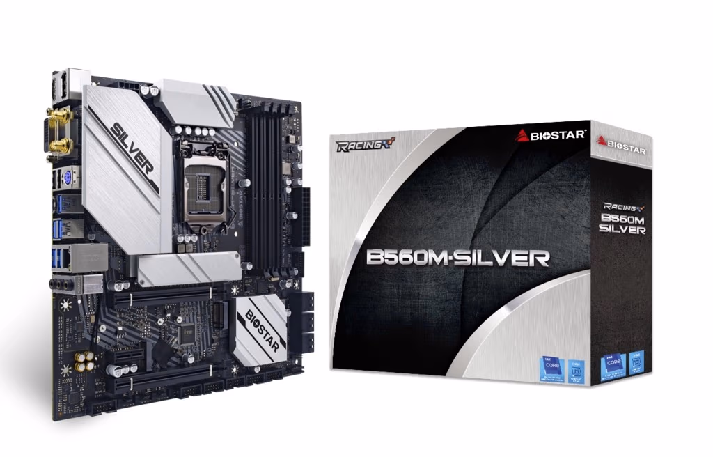 BIOSTAR B560M-SILVER, Socket 1200, Intel® B560 (11/10th Gen CPU), 12Phases, Dual 4xDDR4-4000+, CPU Intel graphics, DVI, HDMI, DP, 2xPCIe X16 4.0, 6xSATA3, 2xM.2 4.0, 1xM.2 E-key (for WiFi), 1xPCIe X1, ALC1220 HDA, 2.5GbE LAN, 1xUSB-C 3.2Gen2x2, 2xUSB 3.2G