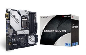 BIOSTAR B560M-SILVER, Socket 1200, Intel® B560 (11/10th Gen CPU), 12Phases, Dual 4xDDR4-4000+, CPU Intel graphics, DVI, HDMI, DP, 2xPCIe X16 4.0, 6xSATA3, 2xM.2 4.0, 1xM.2 E-key (for WiFi), 1xPCIe X1, ALC1220 HDA, 2.5GbE LAN, 1xUSB-C 3.2Gen2x2, 2xUSB 3.2G thumbnav 1