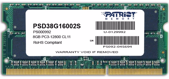 8GB DDR3-1600 SODIMM  PATRIOT Signature Line, PC12800, CL11, 2 Rank, Double-sided module, 1.5V 