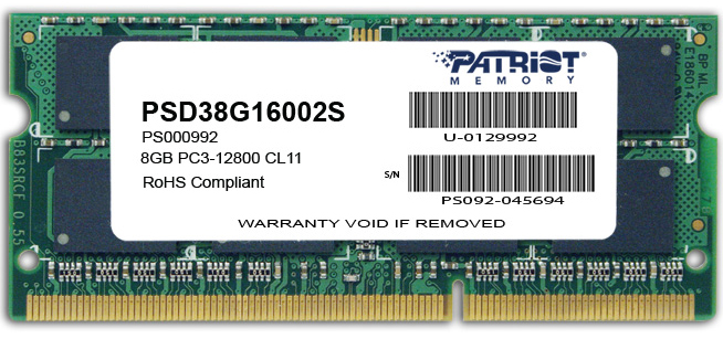 8GB DDR3-1600 SODIMM  PATRIOT Signature Line, PC12800, CL11, 2 Rank, Double-sided module, 1.5V photo 1