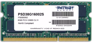 8GB DDR3-1600 SODIMM  PATRIOT Signature Line, PC12800, CL11, 2 Rank, Double-sided module, 1.5V