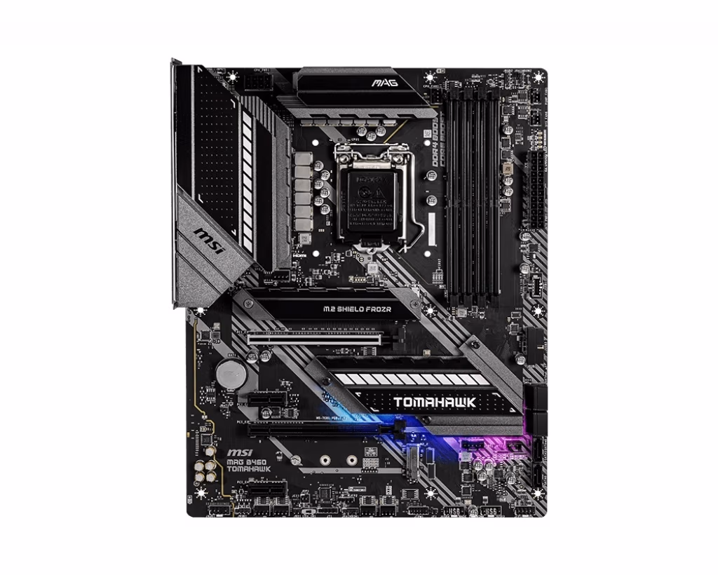 MSI MAG B460 TOMAHAWK, Socket 1200, Intel® B460 (10th Gen CPU), Dual 4xDDR4-2933, CPU Intel graphics, DP, HDMI, 2xPCIe X16, 6xSATA3, RAID, 2xM.2 slot, 2xPCIeX1, ALC1200 HDA, 2x2.5/1GbE LAN, SPDIF, 2xUSB3.2Gen2x2Typec-C, 6xUSB3.2, RGB MysticLight, ATX 