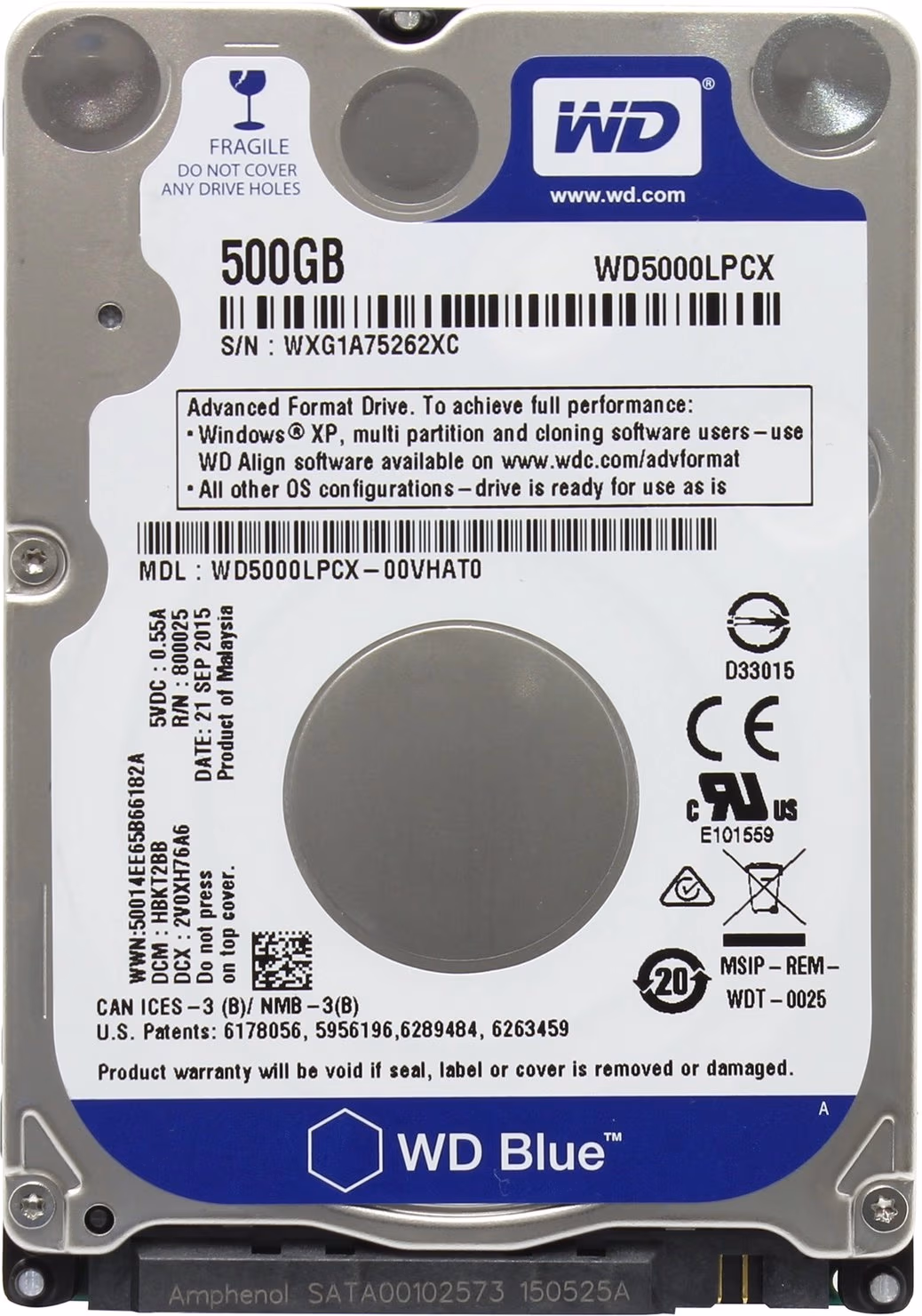 2.5" HDD 500GB Western Digital WD5000LPCX, Blue™, 5400rpm, 16MB, 7mm, SATAIII, FR 