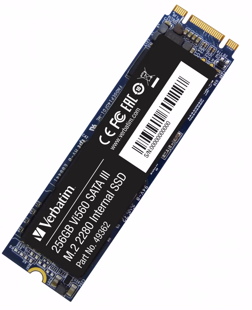 M.2 SATA SSD 256GB  Verbatim Vi560 S3, SATA 6Gb/s, M.2 Type 2280 form factor, Sequential Reads: 560 MB/s, Sequential Writes: 460 MB/s, Max Random 4k: Read: 102,000 IOPS / Write: 80,000 IOPS, Phison Controller, 3D NAND TLC 