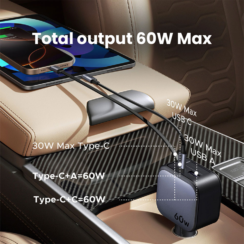 Зарядное устройство авто. для телефона Ugreen 60W USB-A + Type-C Retractable Cable EC602 photo 11