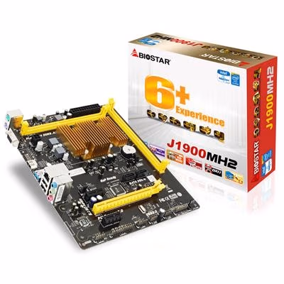 BIOSTAR J1900MH2, MB + CPU onboard: Quad-core Celeron J1900 (2.0-2.42GHz), 2xDDR3-1333, Intel HD graphics, VGA, HDMI, 1xPCIe X16, 2xSATA2, 2xPCIe X1, COM & LPT Header, ALC662 6-Ch HDA, GbE LAN, 1xUSB3.0, mATX
