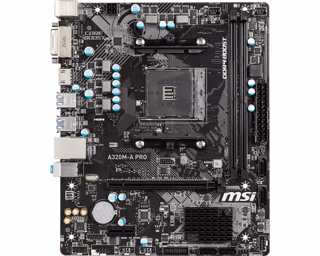MSI A320M-A PRO, Socket AM4, AMD A320, Dual 2xDDR4-3200, APU AMD graphics, DVI, HDMI, 1xPCIe X16, 4xSATA3, RAID, 1xPCIe X1, ALC892 HDA, GbE LAN, 6xUSB3.2 Gen1, mATX 