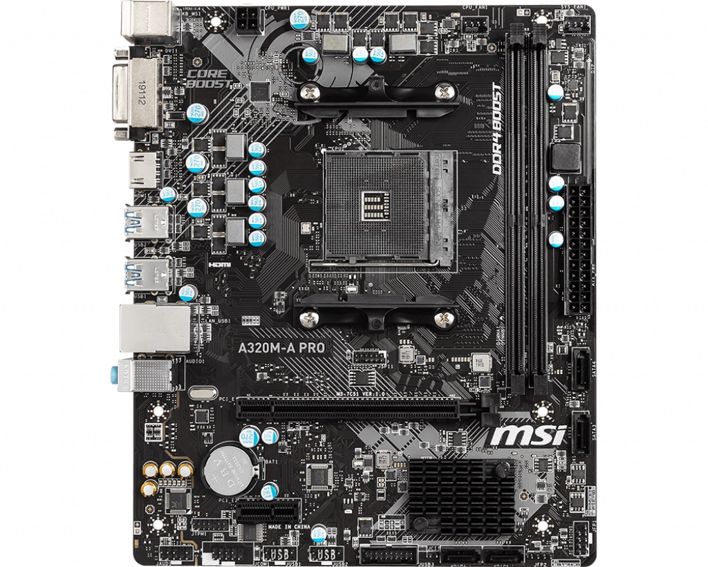 MSI A320M-A PRO, Socket AM4, AMD A320, Dual 2xDDR4-3200, APU AMD graphics, DVI, HDMI, 1xPCIe X16, 4xSATA3, RAID, 1xPCIe X1, ALC892 HDA, GbE LAN, 6xUSB3.2 Gen1, mATX photo 1
