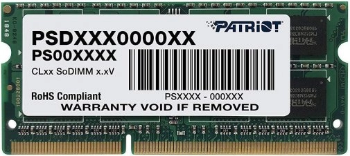 8GB DDR3L-1600 SODIMM  PATRIOT Signature Line, PC12800, CL11, 2 Rank, Double-sided module, 1.35V
