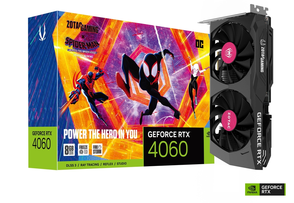 ZOTAC GeForce RTX 4060 OC Spider-Man Edition  8GB GDDR6, 128bit, 2475/17000Mhz, Ada Lovelace/DLSS3, PCIeX16 4.0, 1xHDMI, 3xDP, Compact 2.0 Slot Footprint, Dual Fan / IceStorm 2.0, Active Fan Control/FREEZE Fan Stop, Metal Backplate, 1x 8-pin PCIe, Spider- photo 1