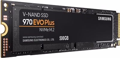 M.2 NVMe SSD 500GB  Samsung SSD 970 EVO Plus, PCIe3.0 x4 / NVMe1.3, M2 Type 2280 form factor, Seq. Read: 3500 MB/s, Seq. Write: 3200 MB/s, Max Random 4k: Read /Write: 480,000/550,000 IOPS, Samsung Phoenix Controller, 512MB LPDDR4, V-NAND 3-bit MLC 