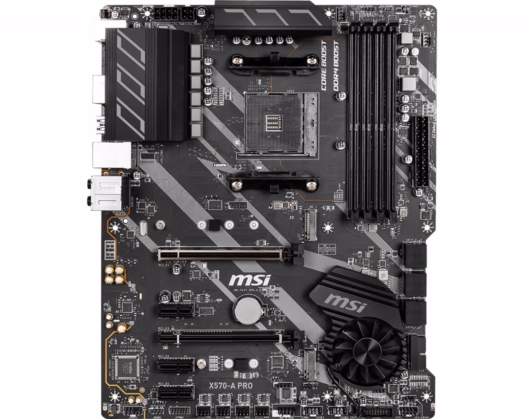 MSI X570-A PRO, Socket AM4, AMD X570, Dual 4xDDR4-4400+, APU AMD graphics, HDMI, 2xPCIe4.0 X16, 6xSATA3, RAID, 2xM.2 Gen4.0 x4 slot, 3xPCIe X1, ALC1220 7.1ch HDA, Optical S/PDIF, GbE LAN, 6xUSB3.2 Gen1, 2xUSB3.2 Gen2(TypeA+C), RGB Mystic Light, ATX 