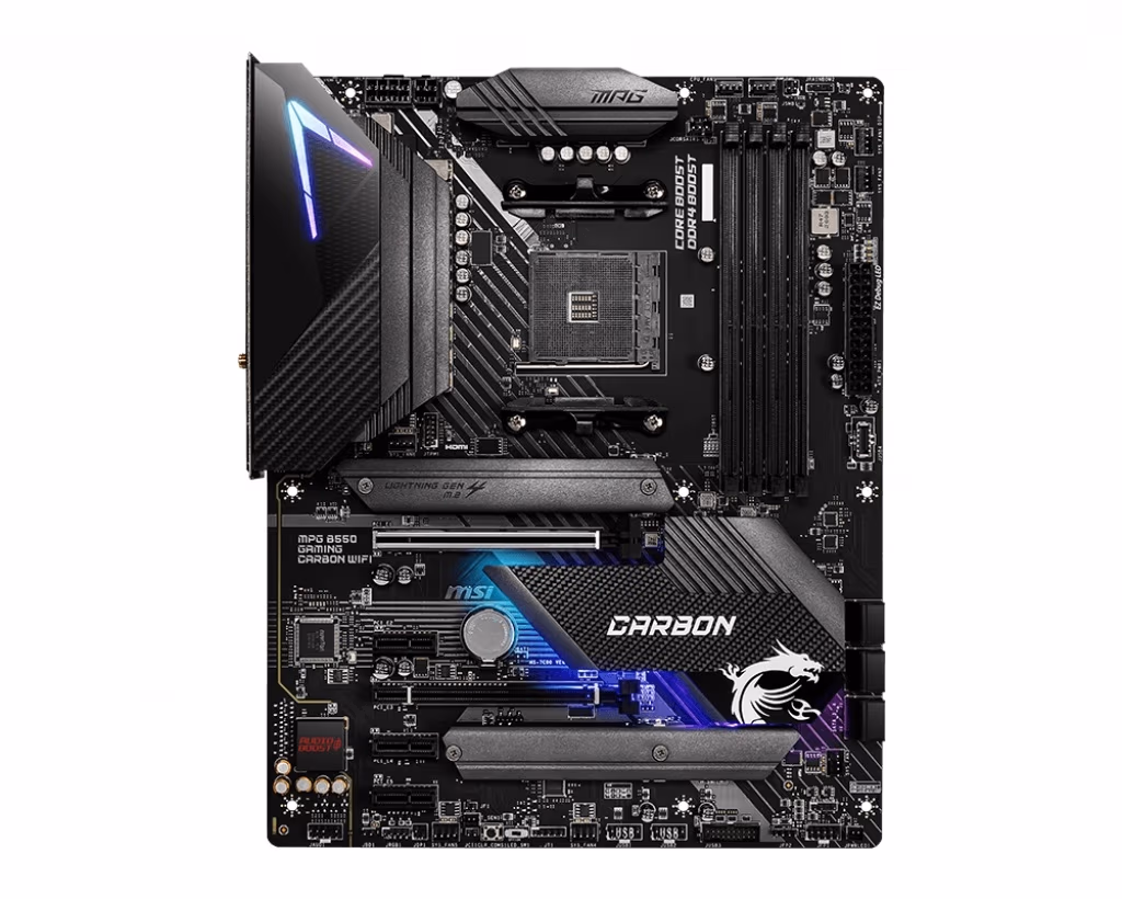 MSI MPG B550 GAMING CARBON WIFI, Socket AM4, AMD B550, Dual 4xDDR4-5100+, APU AMD iGPU, HDMI, DP, 2xPCIe4.0 X16, 6xSATA3, RAID, 2xM.2 Gen4.0 x4, 3xPCIe X1, ALC1220 HDA, S/PDIF, 2.5GbE, WiFi 6+BT, 5xUSB3.2 Gen1, 2xUSB3.2 Gen2(TypeA+C), RGB Mystic, ATX 