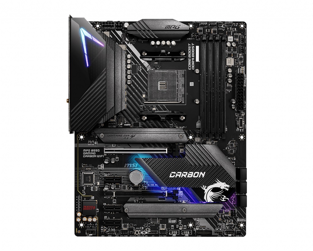 MSI MPG B550 GAMING CARBON WIFI, Socket AM4, AMD B550, Dual 4xDDR4-5100+, APU AMD iGPU, HDMI, DP, 2xPCIe4.0 X16, 6xSATA3, RAID, 2xM.2 Gen4.0 x4, 3xPCIe X1, ALC1220 HDA, S/PDIF, 2.5GbE, WiFi 6+BT, 5xUSB3.2 Gen1, 2xUSB3.2 Gen2(TypeA+C), RGB Mystic, ATX photo 1