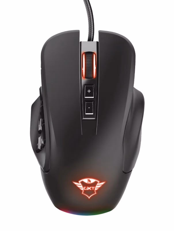 Trust Gaming GXT 970 Morfix Customisable Mouse, 200 - 6400 dpi, Up to 14 programmable buttons, 4 magnetically interchangeable side, 2 left-side plates with 3 or 9-button configurations, Fully adjustable RGB lighting, Braided cable 1,8 m USB, Black