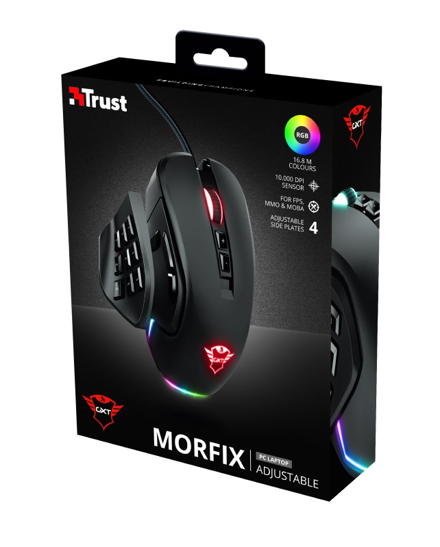 Trust Gaming GXT 970 Morfix Customisable Mouse, 200 - 6400 dpi, Up to 14 programmable buttons, 4 magnetically interchangeable side, 2 left-side plates with 3 or 9-button configurations, Fully adjustable RGB lighting, Braided cable 1,8 m USB, Black photo 3