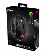 Trust Gaming GXT 970 Morfix Customisable Mouse, 200 - 6400 dpi, Up to 14 programmable buttons, 4 magnetically interchangeable side, 2 left-side plates with 3 or 9-button configurations, Fully adjustable RGB lighting, Braided cable 1,8 m USB, Black thumbnav 3