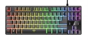 Trust Gaming GXT 833 Thado TKL Illuminated Keyboard, Backlight (RGB), Compact TKL design (80%) takes up limited space on your desk or in your bag, Anti-Ghosting: Up to 10 simultaneous key presses, 12 direct access media keys, USB,1.8m,  RU, Black
