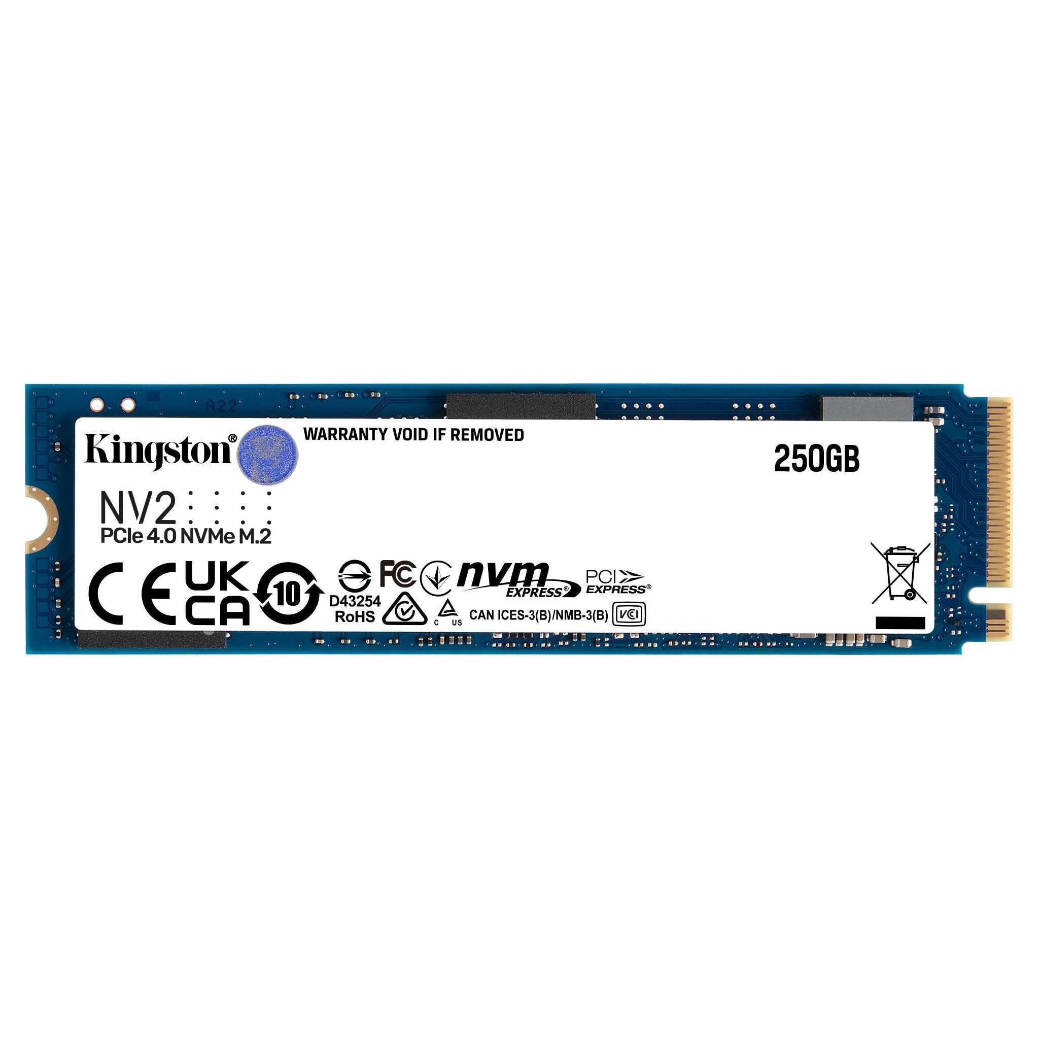 M.2 NVMe SSD 250GB Kingston NV2, Interface: PCIe4.0 x4 / NVMe1.3, M2 Type 2280 form factor, Sequential Reads 3000 MB/s, Sequential Writes 1300 MB/s, Phison E19T controller, TBW: 80TB, 3D QLC NAND flash