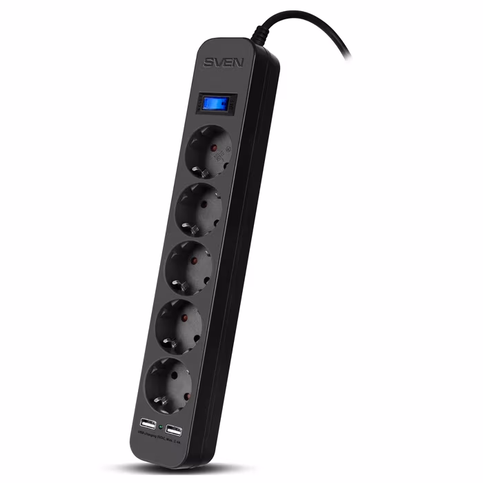Surge Protector SVEN SF-05LU, 5 Sockets + 2 USB (2,4 A) , 5.0m, Black, color box