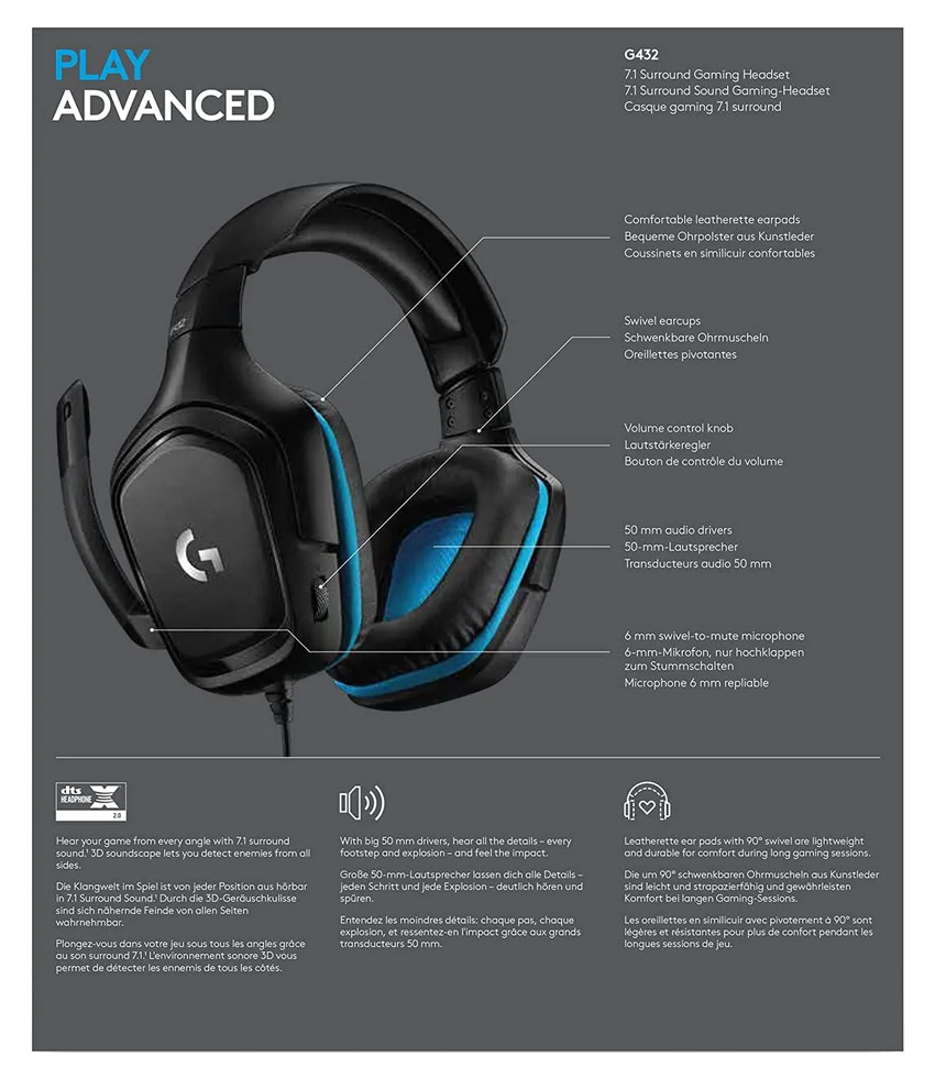 Наушники Logitech G 432 Black Проводные / Игровой / Black photo 9