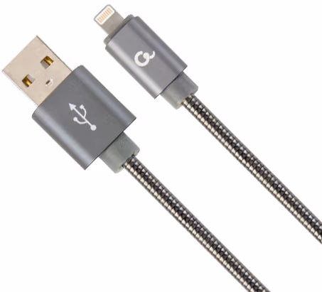 Cable USB2.0/ 8-pin (Lightning) - 1m - Cablexpert CC-USB2S-AMLM-1M-BG, Premium spiral metal USB to 8-pin charging and data cable for Apple iPhone or iPad, up to 480 Mb/s, cotton braided, blister, grey 