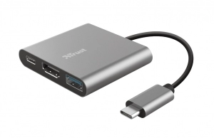Trust Dalyx 3-in-1 Multiport USB-C Adapter, Stylish aluminium 3-in-1 USB-C multiport adapter to add USB and HDMI ports and a Type-C charging port to your laptop