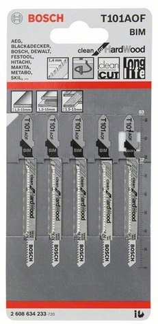 Набор пилок для лобзика Bosch T 101 AOF / Clean for HardWood, 2608634233 photo Набор пилок для лобзика Bosch T 101 AOF / Clean for HardWood, 2608634233 photo