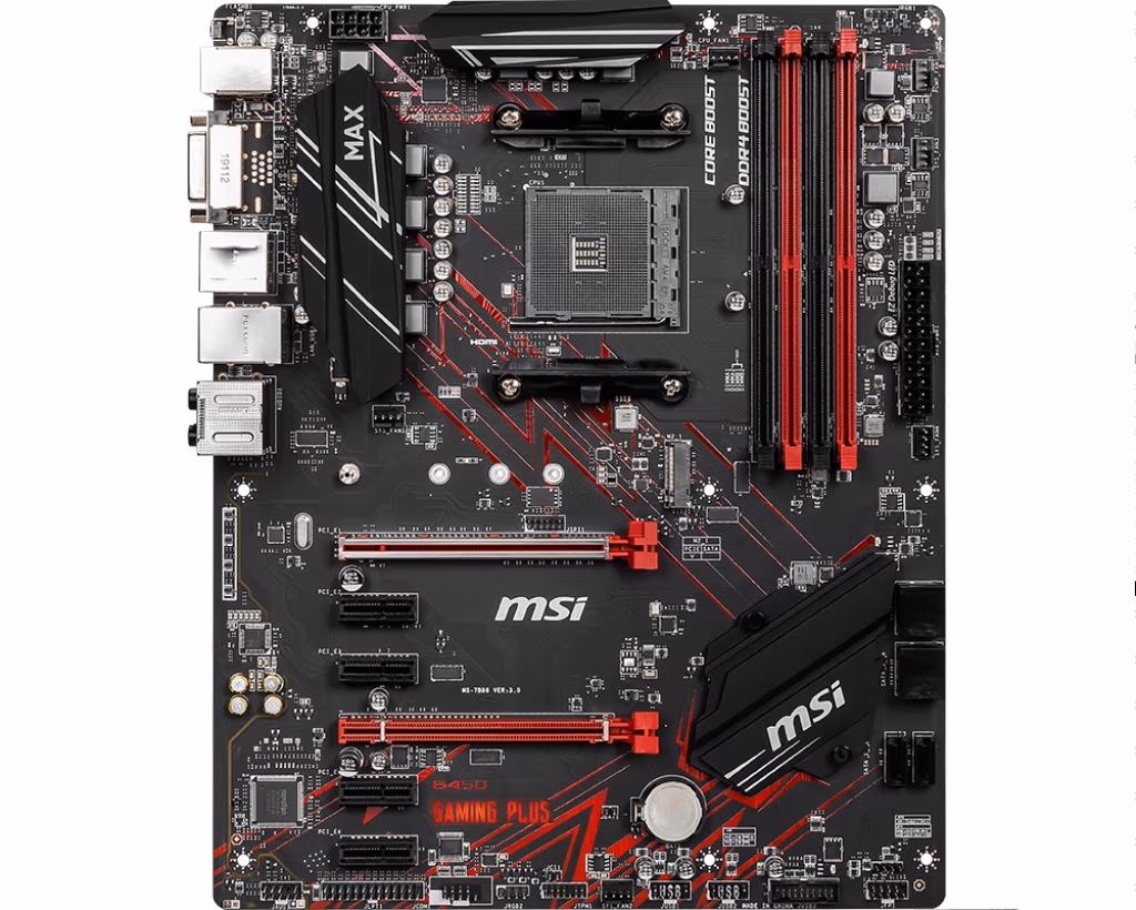 MSI B450 GAMING PLUS MAX, Socket AM4, AMD B450, Dual 4xDDR4-4133, APU AMD graphics, DVI, HDMI, 2xPCIe X16, 6xSATA3, RAID, 1xM.2 slot, 4xPCIe X1, ALC892 7.1ch HDA, GbE LAN, 2xUSB3.2 Gen 2, 4xUSB3.2, RGB Mystic Light, ATX 