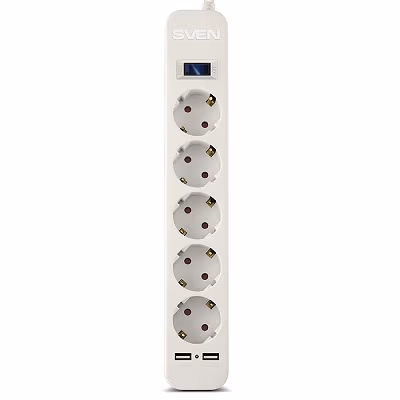Surge Protector SVEN SF-05LU, 5 Sockets + 2 USB (2,4 A) , 3.0m, White, color box