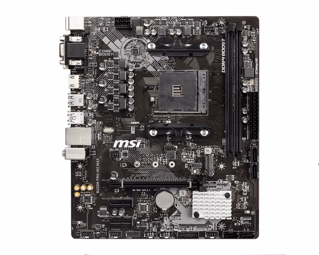 MSI B450M PRO-M2 MAX, Socket AM4, AMD B450, Dual 2xDDR4-4133, APU AMD graphics, VGA, DVI, HDMI, 1xPCIe X16, 4xSATA3, RAID, 1xM.2 slot, 2xPCIe X1, ALC887 HDA, GbE LAN, 6xUSB3.2 Gen1, mATX