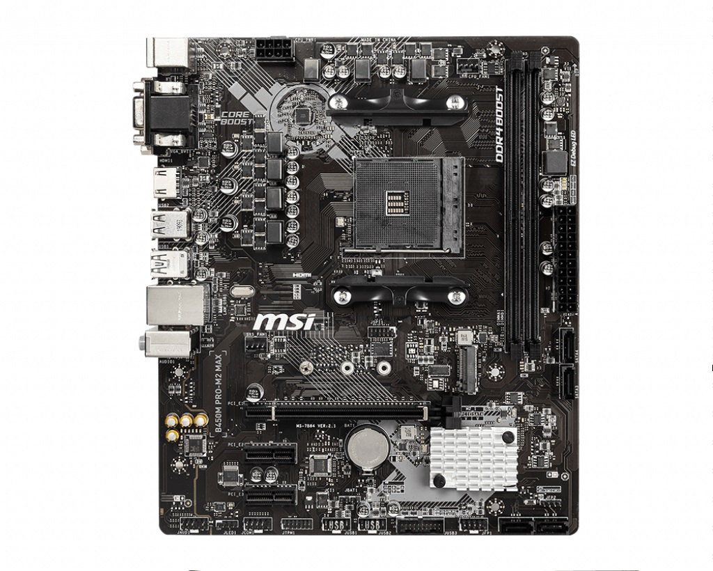 MSI B450M PRO-M2 MAX, Socket AM4, AMD B450, Dual 2xDDR4-4133, APU AMD graphics, VGA, DVI, HDMI, 1xPCIe X16, 4xSATA3, RAID, 1xM.2 slot, 2xPCIe X1, ALC887 HDA, GbE LAN, 6xUSB3.2 Gen1, mATX photo 1
