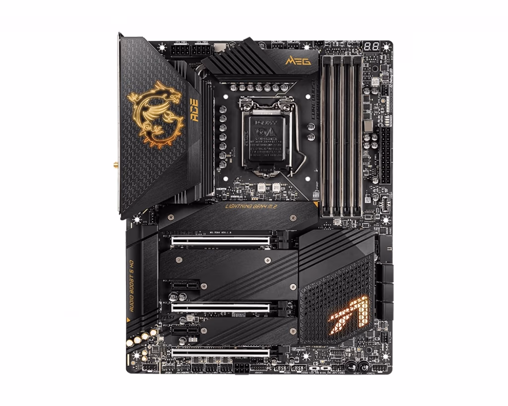 MSI MEG Z590 ACE, Socket 1200, 16+1, Intel® Z590 (11/10th GenCPU), Dual 4xDDR4-5600, CPU Intel iGPU, HDMI, 3xPCIeX16 4.0, 6xSATA3, RAID, 4xM.2 PCIe4.0, 2xPCIe X1, ALC4082, 2.5GbE LAN, WiFi6E/BT, 2xTB4 USB-C, 3xUSB3.2Gen2(Type-C&-A), 6xUSB3.2, ATX 