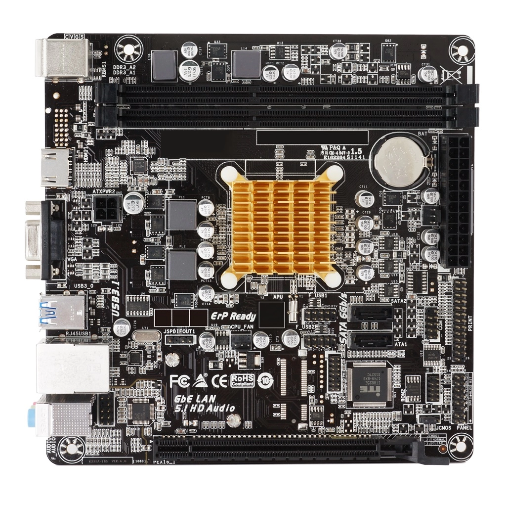 BIOSTAR A68N-2100K, MB + CPU onboard: Dual-core AMD E1-6010 1.35GHz, 2xDDR3-1600, AMD Radeon R2 Graphics, support HDCP, VGA, HDMI, 1x PCI-Ex16, 2xSATA3, COM+LPT headers, ALC887 7.1-Ch HDA, 1xGbE LAN, 2xUSB3.2 Gen1, 2xUSB 2.0, mini-ITX