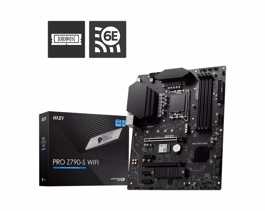 MSI PRO Z790-S WIFI, Socket 1700, 14Phases, Intel® Z790 (14/13/12th Gen CPU), CPU graphics, HDMI, DP, Dual 4xDDR5-6600, 2xPCIe X16 5.0, 4xSATA3, RAID, 2xM.2 4.0, 3xPCIe X1, ALC897 HDA 7.1/SPDIF, 2.5GbE LAN, WiFi6E/BT, 1xUSB-C 3.2Gen2x2, 8xUSB3.2, RGB Led,