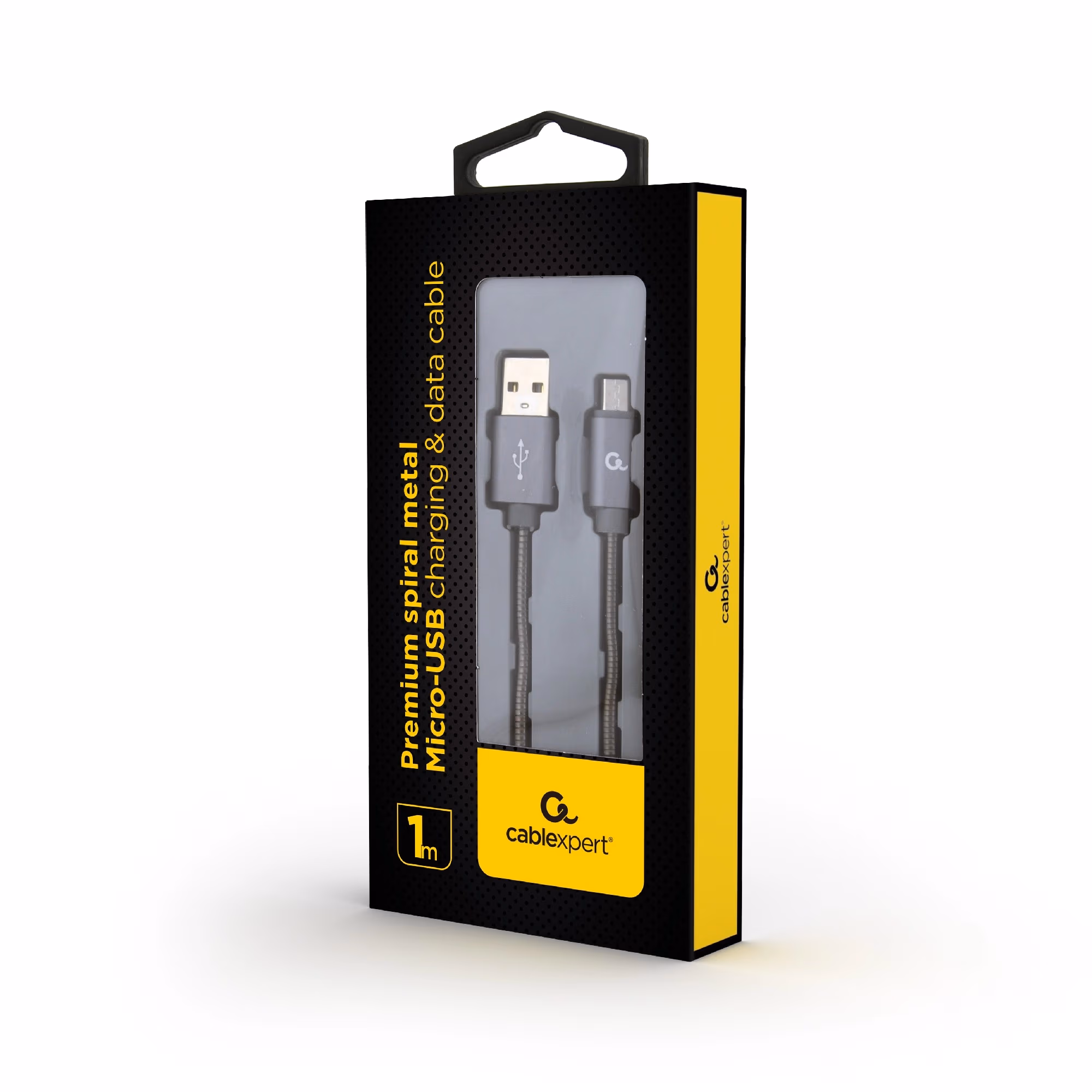 Cable USB2.0/Micro-USB - 1m - Cablexpert CC-USB2S-AMmBM-1M-BG, Premium spiral metal Micro-USB charging and data cable, USB 2.0 A-plug to Micro-USB plug, up to 480 Mb/s, cotton braided, blister, grey 