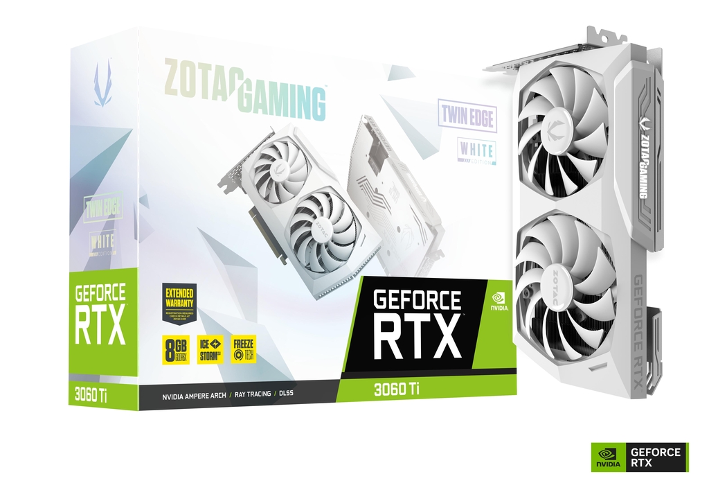 ZOTAC GeForce RTX 3060 Ti Twin Edge White Edition 8GB GDDR6X, 256bit, 1665/19000Mhz, Ampere, PCIeX16 4.0, Dual Fan / IceStorm 2.0, 1xHDMI, 3xDisplayPort, Active Fan Control/ FREEZE Fan Stop, White LED Lightning, FireStorm, Metal Backplate, 2x 8-pin, Premi photo 1