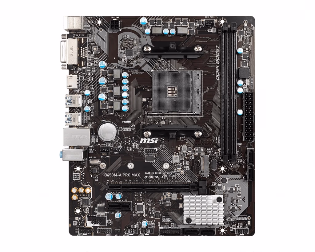 MSI B450M-A PRO MAX, Socket AM4, AMD B450, Dual 2xDDR4-4133, APU AMD graphics, DVI, HDMI, 1xPCIe X16, 4xSATA3, RAID, 1xM.2 slot, 1xPCIe X1, ALC892 7.1ch HDA, GbE LAN, 6xUSB3.2, mATX