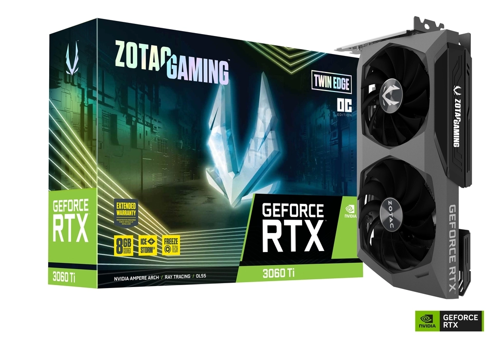 ZOTAC GeForce RTX 3060 Ti Twin Edge OC 8GB GDDR6X, 256bit, 1695/19000Mhz, Ampere, PCIeX16 4.0, Dual Fan / IceStorm 2.0, 1xHDMI, 3xDisplayPort, Active Fan Control/ FREEZE Fan Stop, White LED Lightning, FireStorm, Metal Backplate, 2x 8-pin,Medium Pack