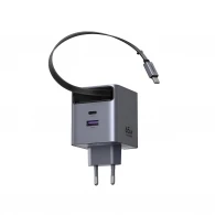 Зарядное устройство сетевое UGREEN GaN Quick Charger 1*Type-C + 1*USB-A with Cable Type-C Retractable, 65W, Black | X615