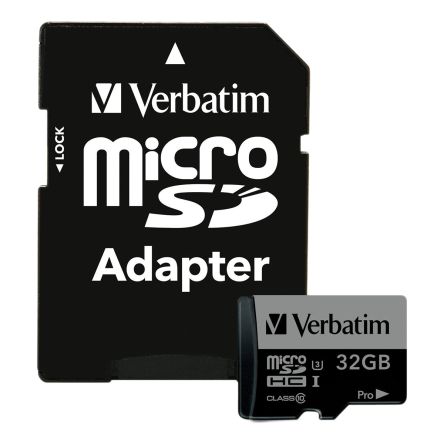 32GB microSD Class10 U3 UHS-I V30 + SD Adapter Verbatim Pro U3 microSDXC, 600x, Read up to: 90MB/s, Write up to: 45MB/s photo 1