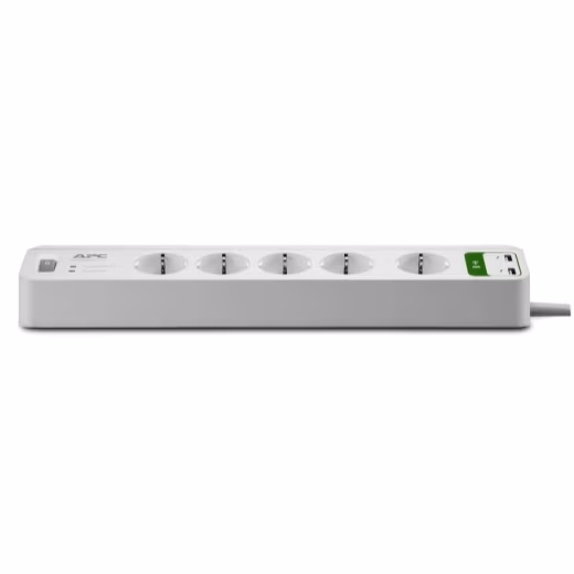 Surge Protector  APC Essential PM5U-RS, 5 Sockets CEE 7 Schuko + 2 USB 5V, 2,4A, 230V, Input power 2300W, Max Input Current 10A, Peak Current 24.0 kA, Surge energy rating 918 joules, 1.83m, White 