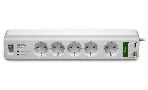 Surge Protector  APC Essential PM5U-RS, 5 Sockets CEE 7 Schuko + 2 USB 5V, 2,4A, 230V, Input power 2300W, Max Input Current 10A, Peak Current 24.0 kA, Surge energy rating 918 joules, 1.83m, White photo 3