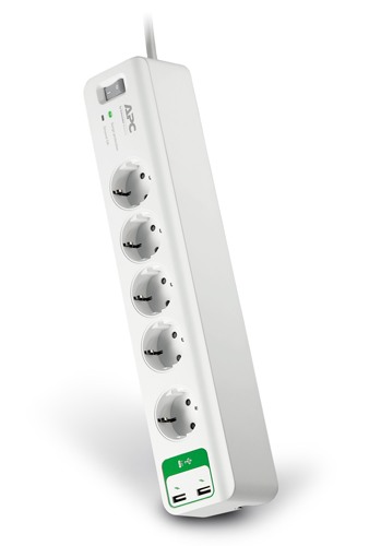 Surge Protector  APC Essential PM5U-RS, 5 Sockets CEE 7 Schuko + 2 USB 5V, 2,4A, 230V, Input power 2300W, Max Input Current 10A, Peak Current 24.0 kA, Surge energy rating 918 joules, 1.83m, White photo 4