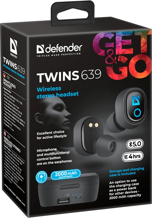 Наушники Defender Twins 639 Black Беспроводные / Дом и Офис / Black photo 3